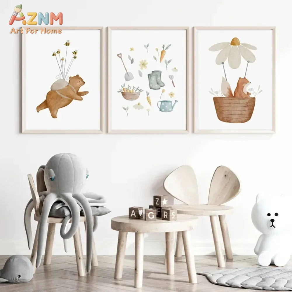 Baby Nursery Frames - AZNM สีน้ำหมีสุนัขจิ้งจอกสัตว์ภาพพิมพ์บนผ้าใบศิลปะติดผนังสวนโบโฮลายดอกไม้สำหรับเด็กห้องนอนเด็กตกแต่งบ้าน