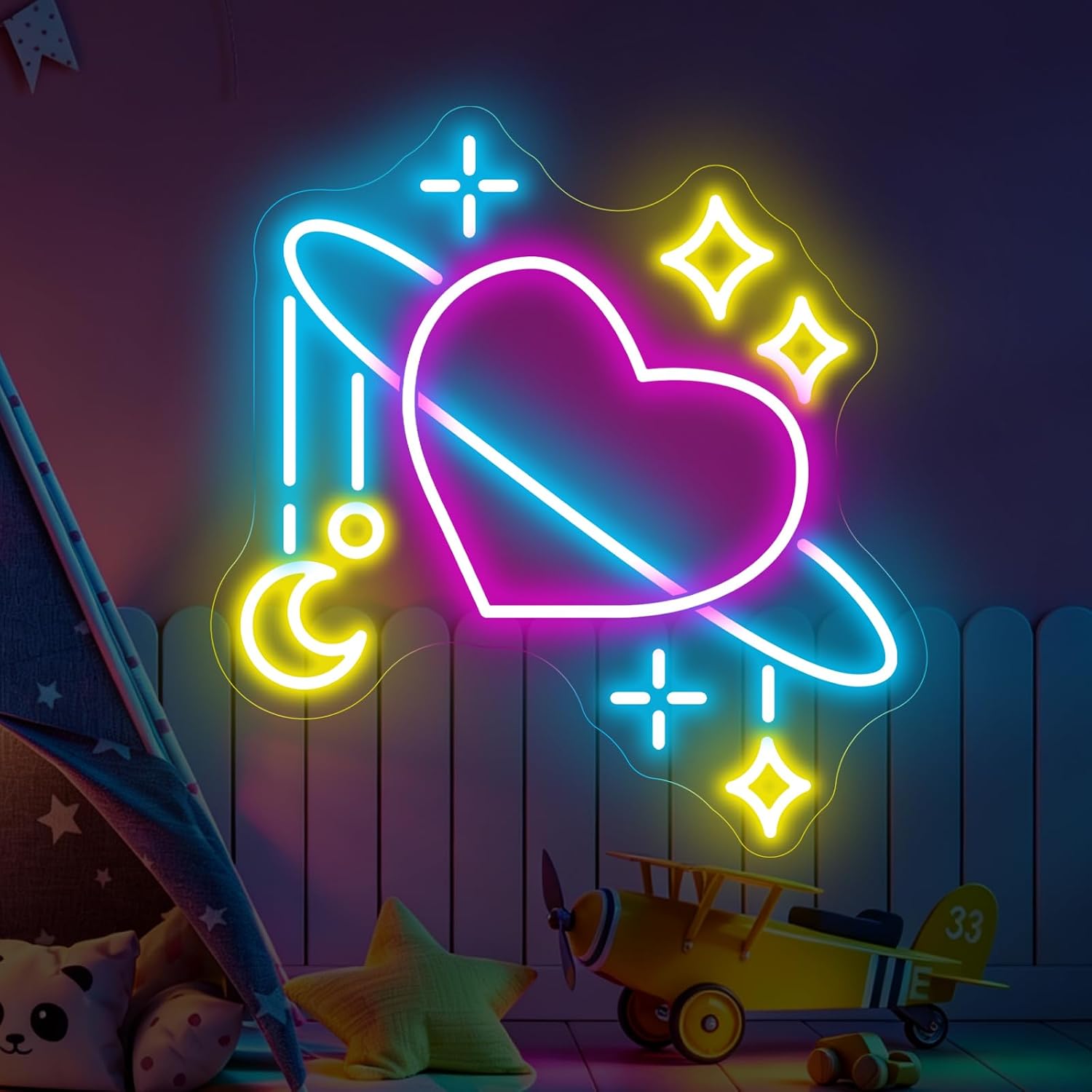 Baby Nursery Wall Lights - ป้ายไฟนีออนรูปดาวเคราะห์อวกาศ ไฟ LED รูปดวงจันทร์และดวงดาว ใช้พลังงาน USB