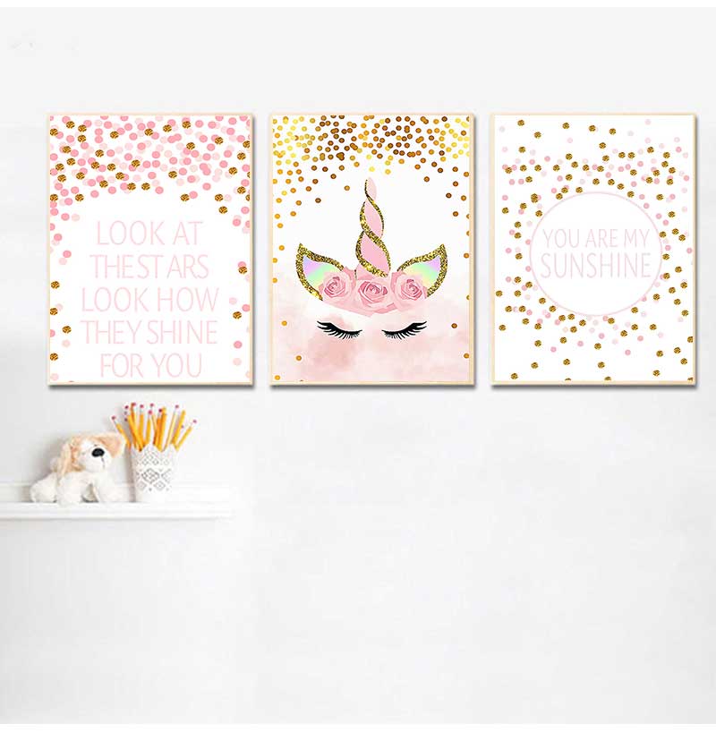 Baby Girl Nursery Quotes - ภาพตกแต่งห้องนอนเด็กผู้หญิง ตกแต่งห้องเด็ก ยูนิคอร์นสีชมพู คำคมตกแต่งห้องเด็ก ภาพพิมพ์บนผ้าใบติดผนัง สไตล์นอร์ดิก