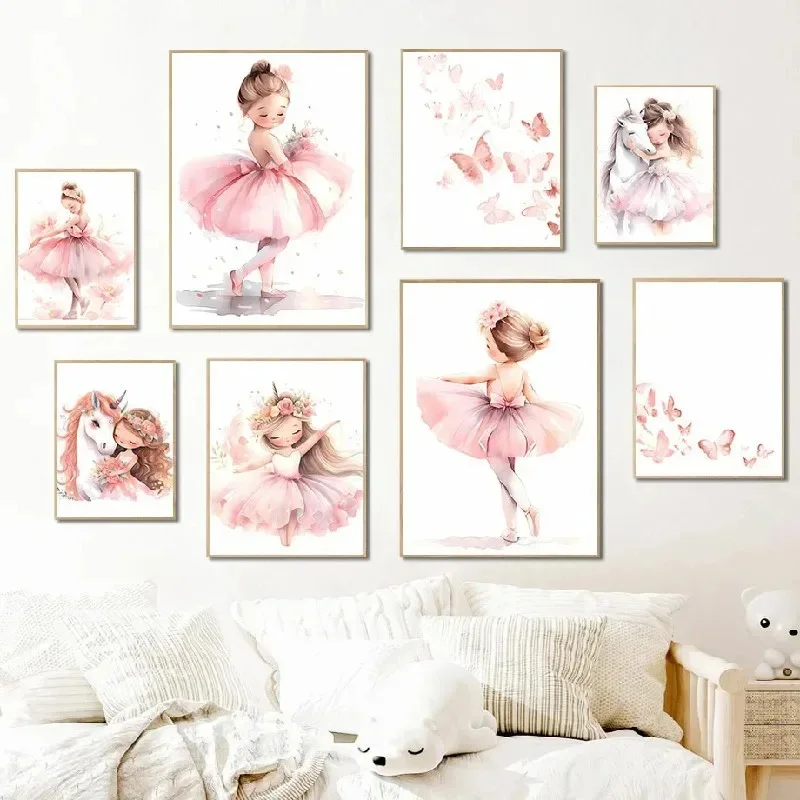 Baby Nursery Frames - สีชมพูบัลเลริน่าสาวยูนิคอร์นผีเสื้อโปสเตอร์ห้องเด็กตกแต่งผ้าใบโปสเตอร์ศิลปะบนผนังเนอสเซอรี่โปสเตอร์ตกแต่งห้องนอนเด็ก