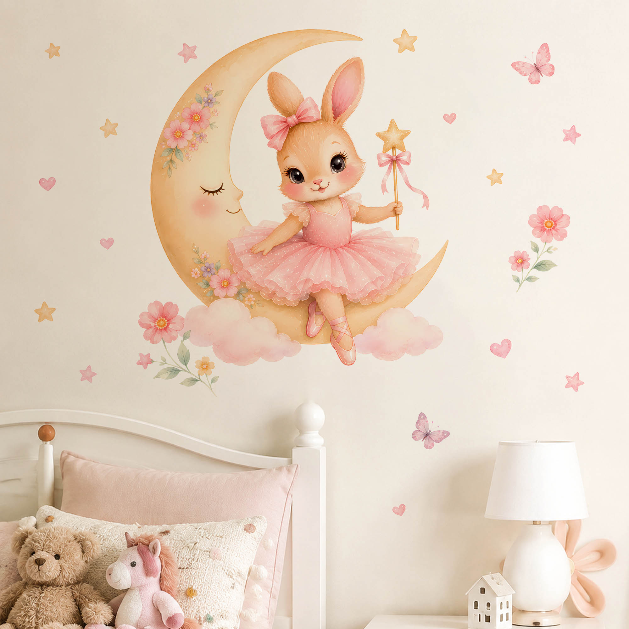 Baby Girl Nursery Quotes - สติ๊กเกอร์ติดผนังลายกระต่ายนักบัลเล่ต์สีน้ำ พร้อมกระโปรงบัลเล่ต์สีชมพู ดาว และไม้กายสิทธิ์ สำหรับตกแต่งห้องเด็กผู้หญิง ห้องนอน