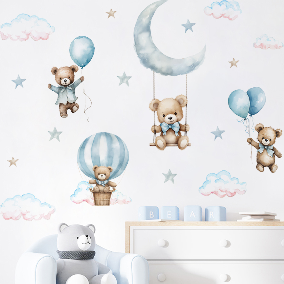 Baby Nursery Boy - สีน้ําหมี Hot Air บอลลูน Cloud สติ๊กเกอร์ติดผนังสีฟ้าสําหรับห้องเด็ก