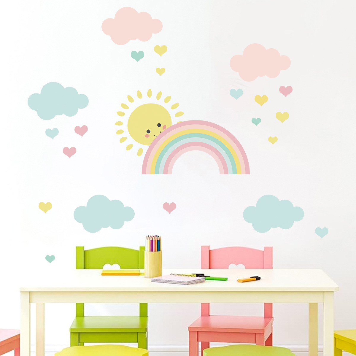 Baby Nursery Decor Girl - การ์ตูนดวงอาทิตย์สายรุ้งเมฆสติ๊กเกอร์ติดผนังสำหรับตกแต่งห้องนอนเด็กหญิงเด็กชายศิลปะสติกเกอร์ภาพจิตรกรรมฝาผนังโปสเตอร์ห้องเด็กตกแต่งบ้าน