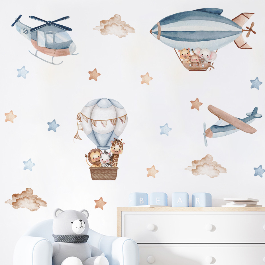 Baby Nursery Boy - สีน้ําสัตว์ Hot Air บอลลูนเมฆสติ๊กเกอร์ติดผนังสําหรับห้องเด็ก Baby Nursery