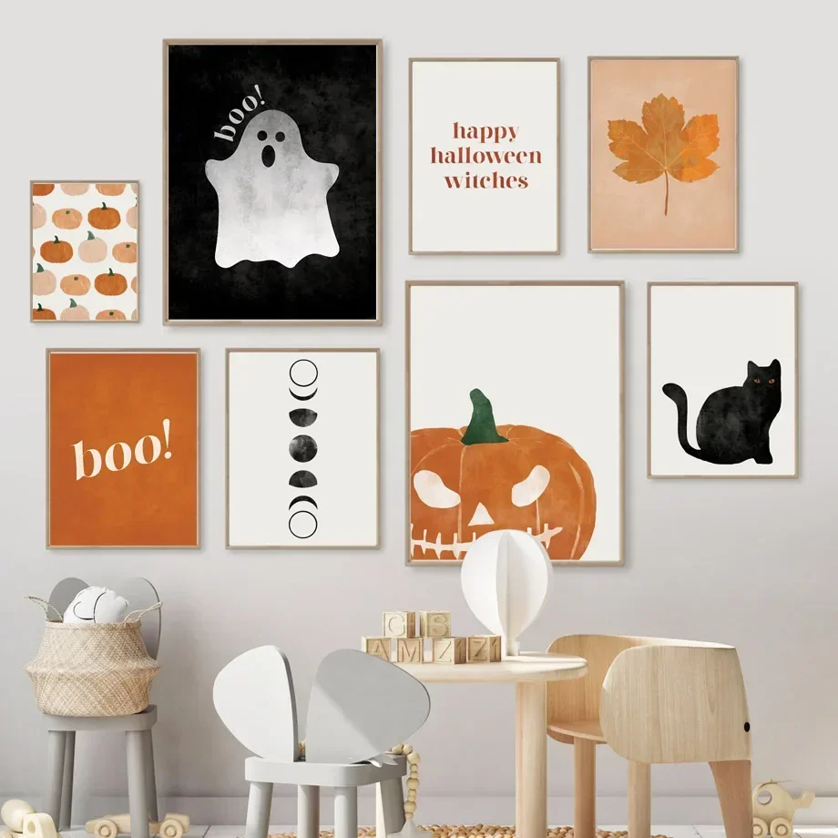Baby Nursery Decor Girl - ภาพวาดบนผืนผ้าใบลายแมวฮาโลวีน ฟักทอง ศิลปะติดผนัง โปสเตอร์และภาพพิมพ์สไตล์นอร์ดิก สำหรับตกแต่งห้องนอนเด็กและบ้าน