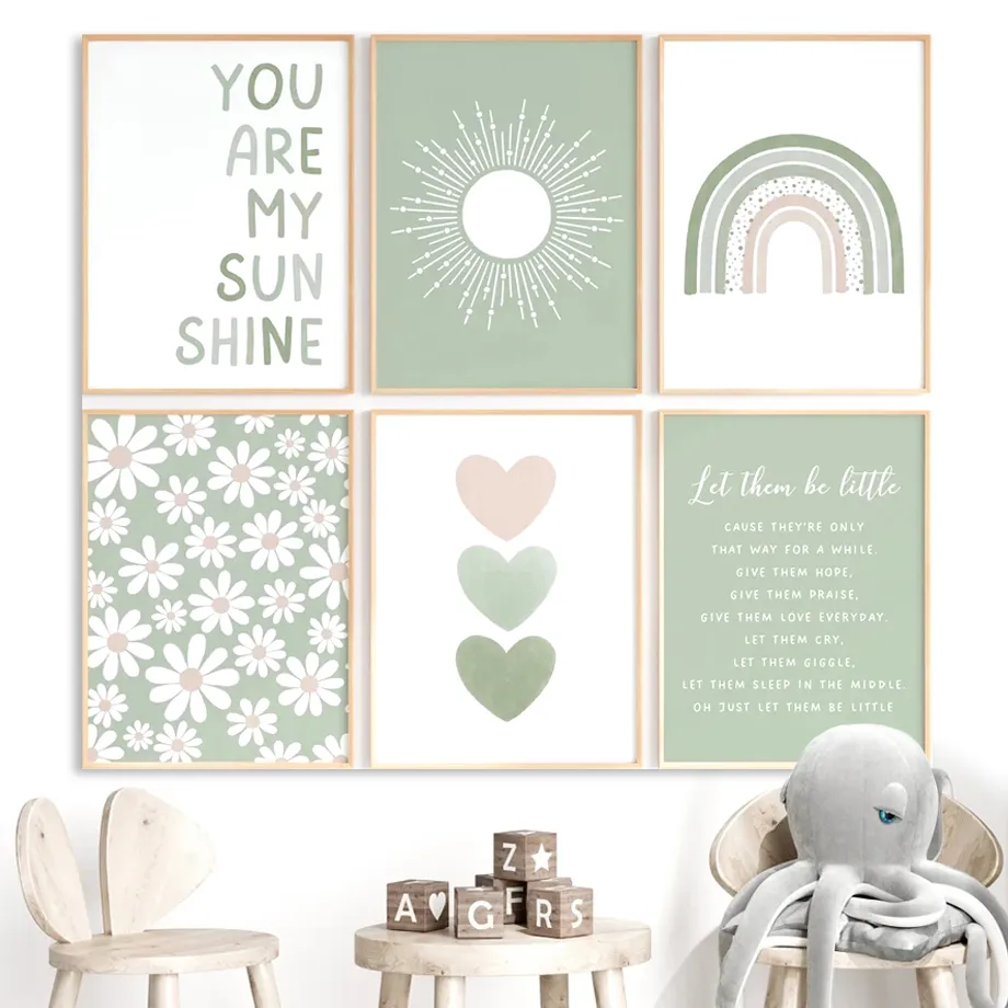 Baby Nursery Wall Lights - จระเข้ยิ้มต่อกับดวงอาทิตย์ – โปสเตอร์ผ้าใบไร้กรอบลายการ์ตูนห่านสีเขียวอ่อนสีรุ้งสำหรับตกแต่งผนังห้องเด็กทารก