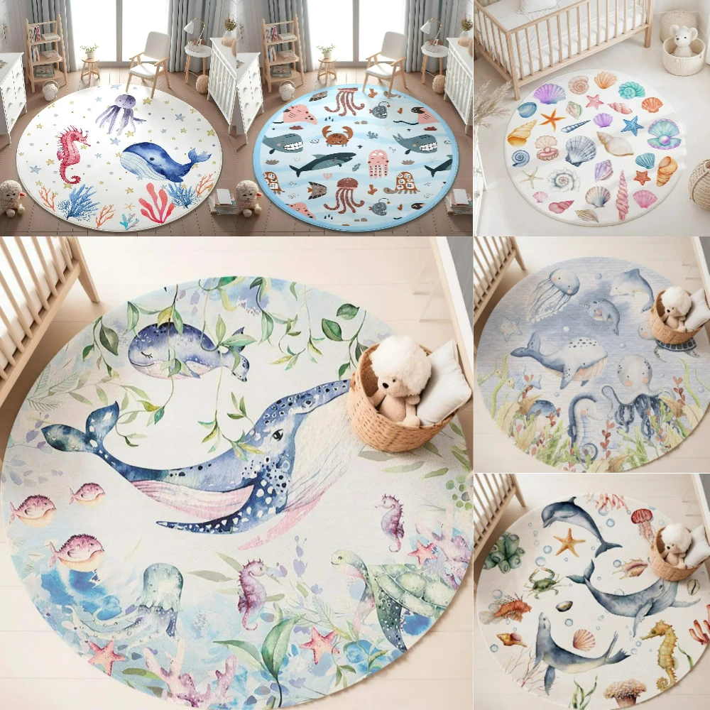 Baby Nursery Decor Girl - พรมลายสัตว์ทะเลสีฟ้า สำหรับห้องนั่งเล่น ห้องเด็กผู้หญิง ห้องเด็กเล่น ห้องนอน พรมนุ่ม