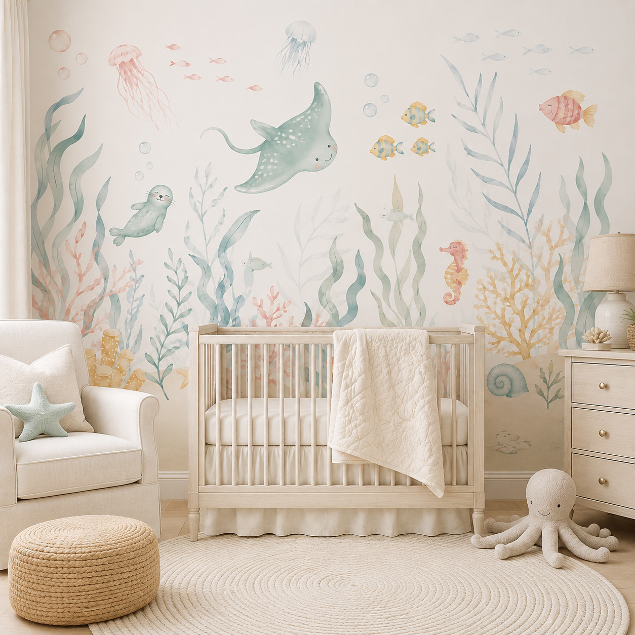 วอลเปเปอร์ลายสัตว์ทะเลแบบมีกาว - Baby Nursery Peel And Stick Wallpaper บทวิจารณ์และราคา